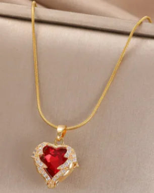 18K Gold-Plated Necklace with Red Heart Pendant